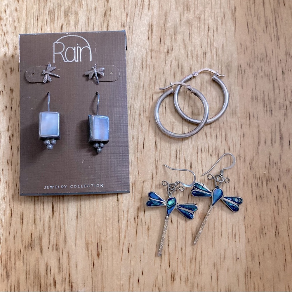 Sterling silver MOP mother of Pearl abalone dragonfly earrings, hoops, 4 pair